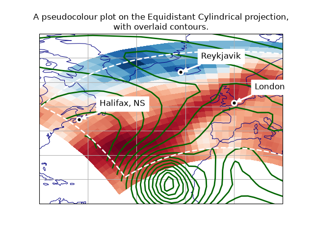 A pseudocolour plot on the Equidistant Cylindrical projection, with overlaid contours.